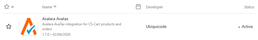 Screenshot of Avalara Avatax CS-Cart addon in the add-ons list