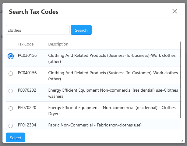 Screenshot of tax code selected in the Avalara Avatax CS-Cart addon