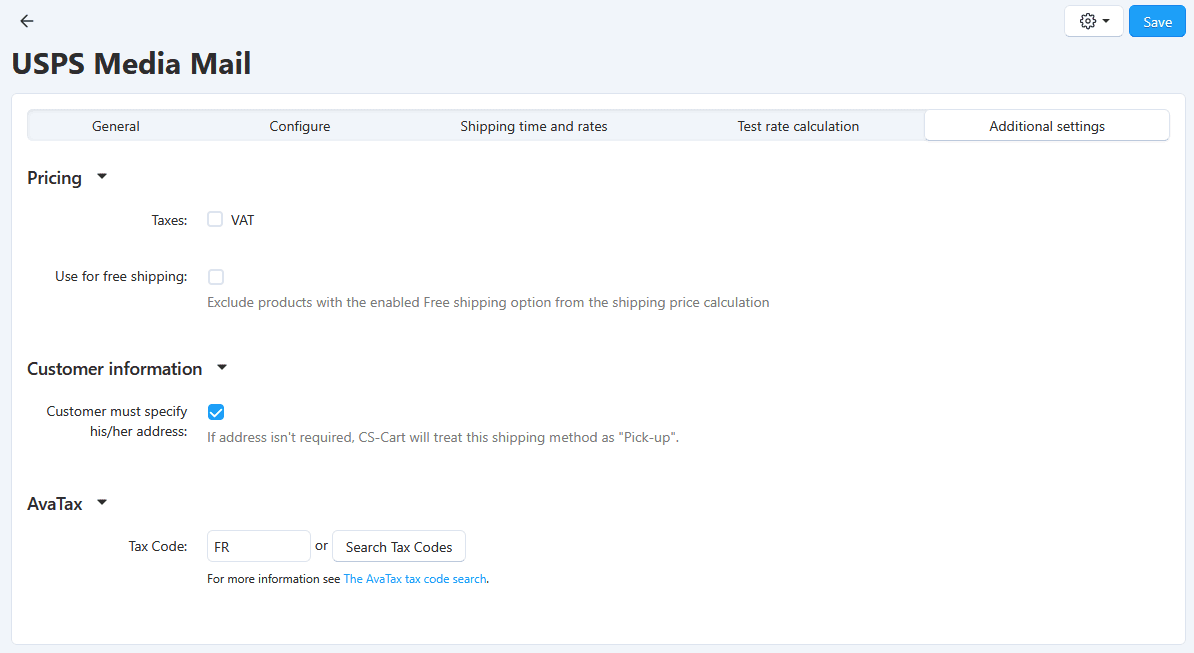 Screenshot of shipping tax code field in the Avalara Avatax CS-Cart addon