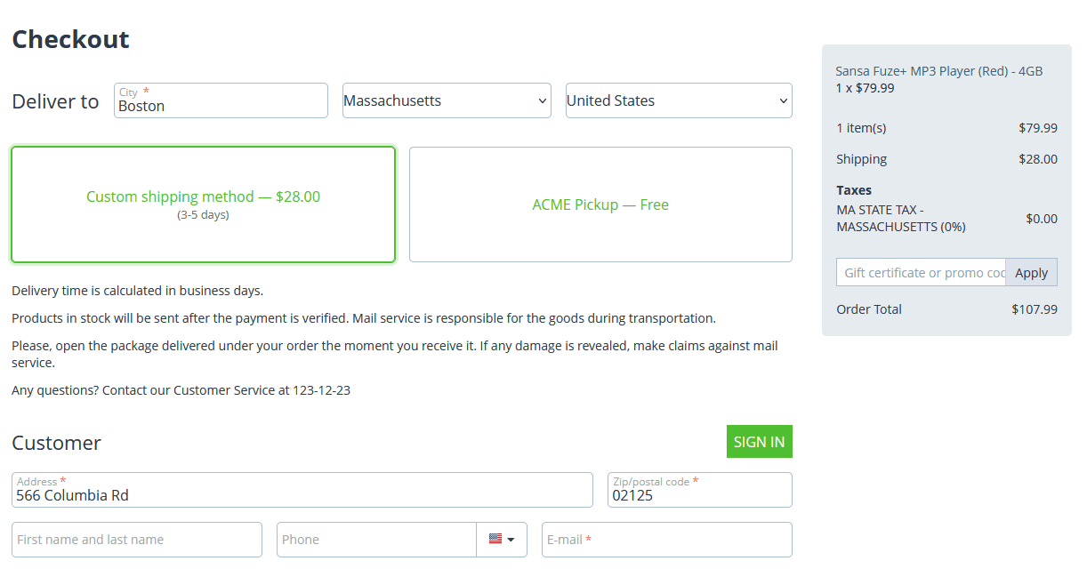 Screenshot of checkout including $0 taxes from the Avalara Avatax CS-Cart addon
