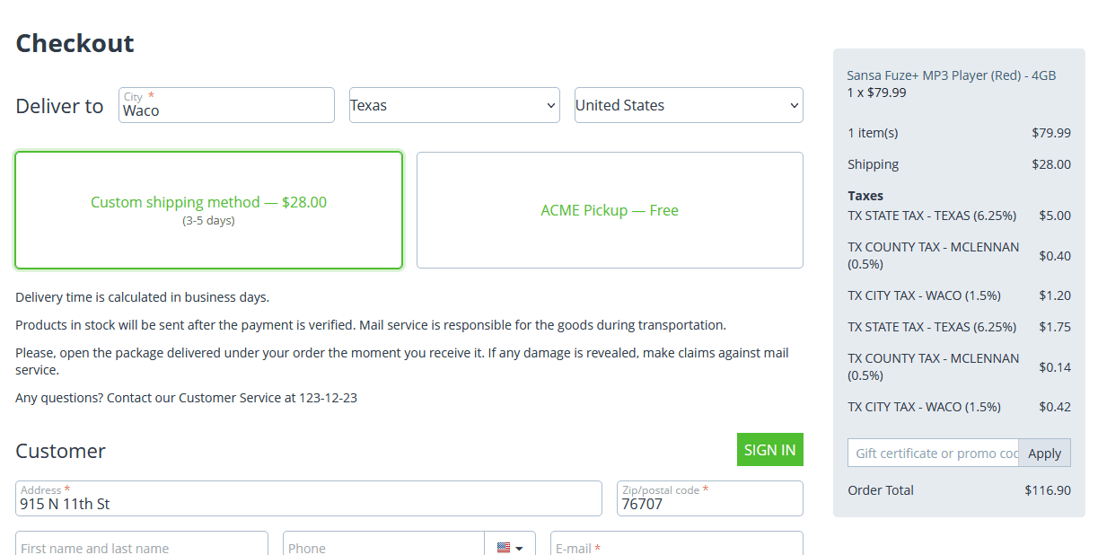 Screenshot of checkout including multiple taxes from the Avalara Avatax CS-Cart addon
