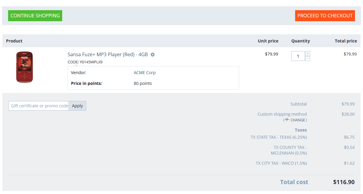 Screenshot of checkout including taxes from the Avalara Avatax CS-Cart addon