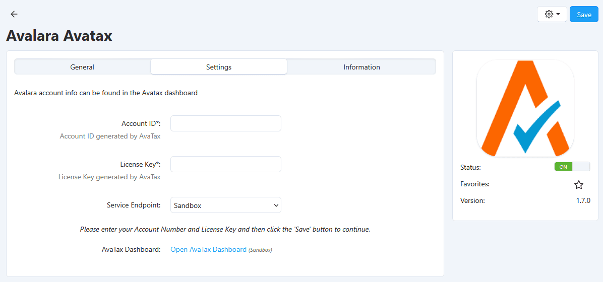 Screenshot of blank Settings for the Avalara Avatax CS-Cart addon