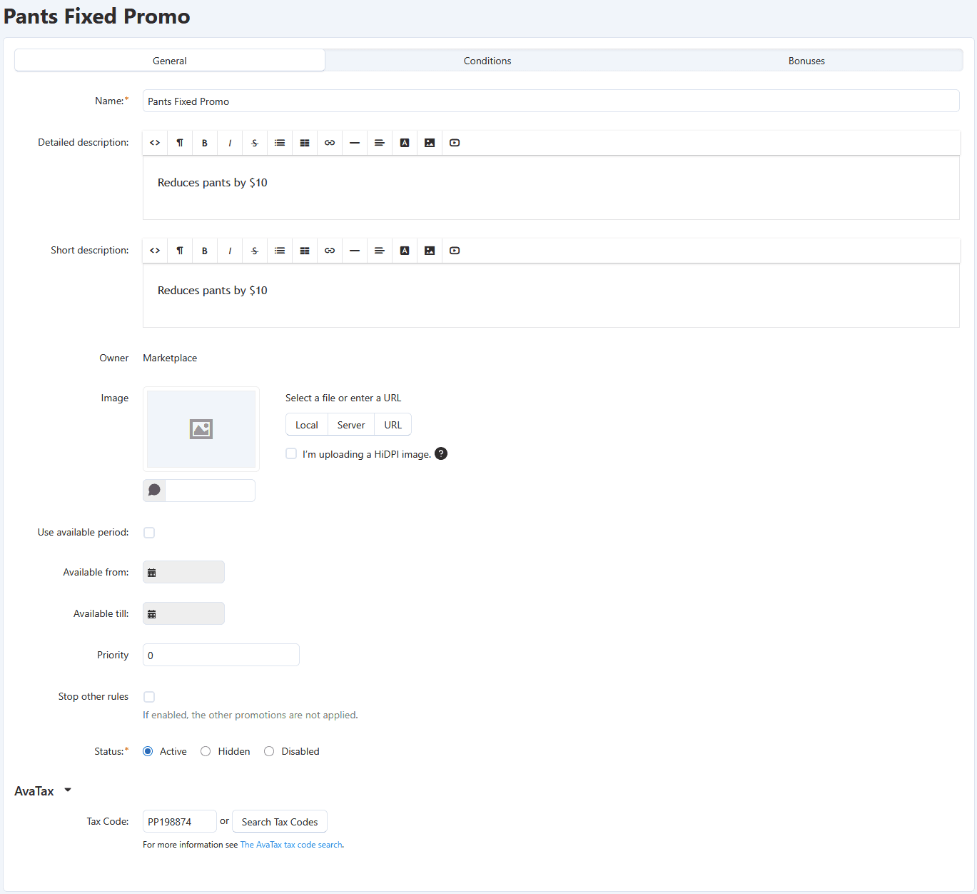 Screenshot of promotion tax code field in the Avalara Avatax CS-Cart addon