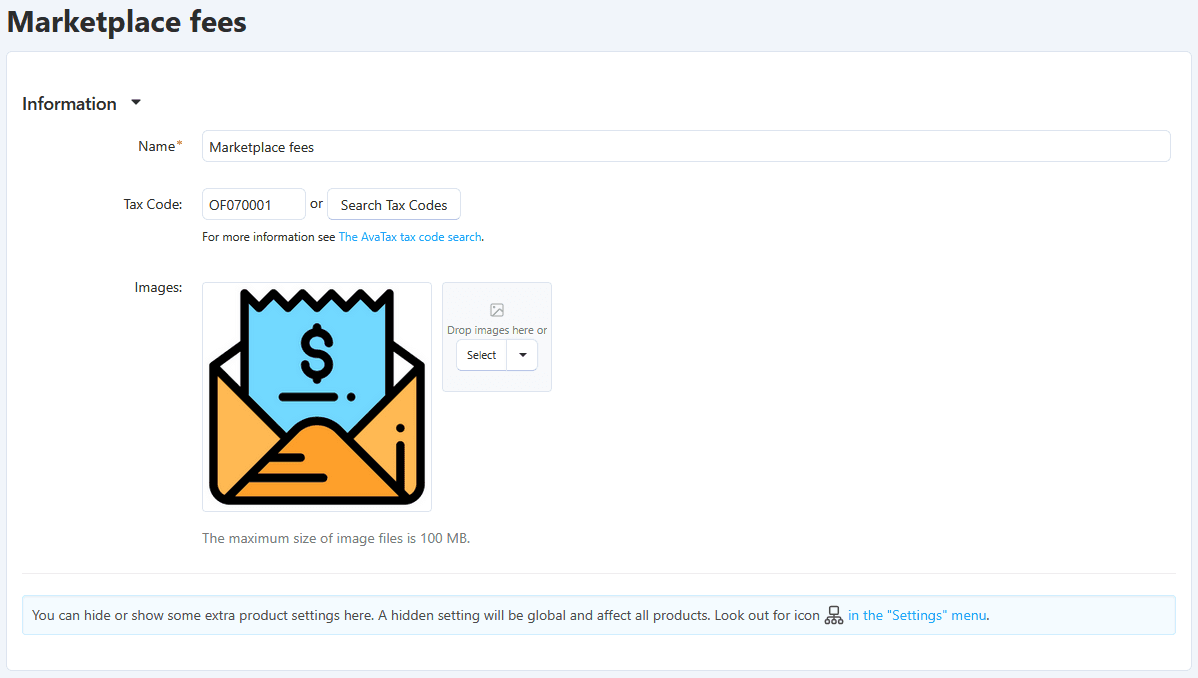 Screenshot of marketplace fees product with tax code field in the Avalara Avatax CS-Cart addon