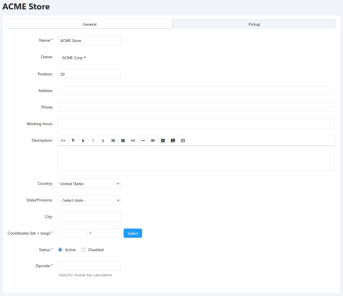 Screenshot of the store zipcode field for the Avalara Avatax CS-Cart addon
