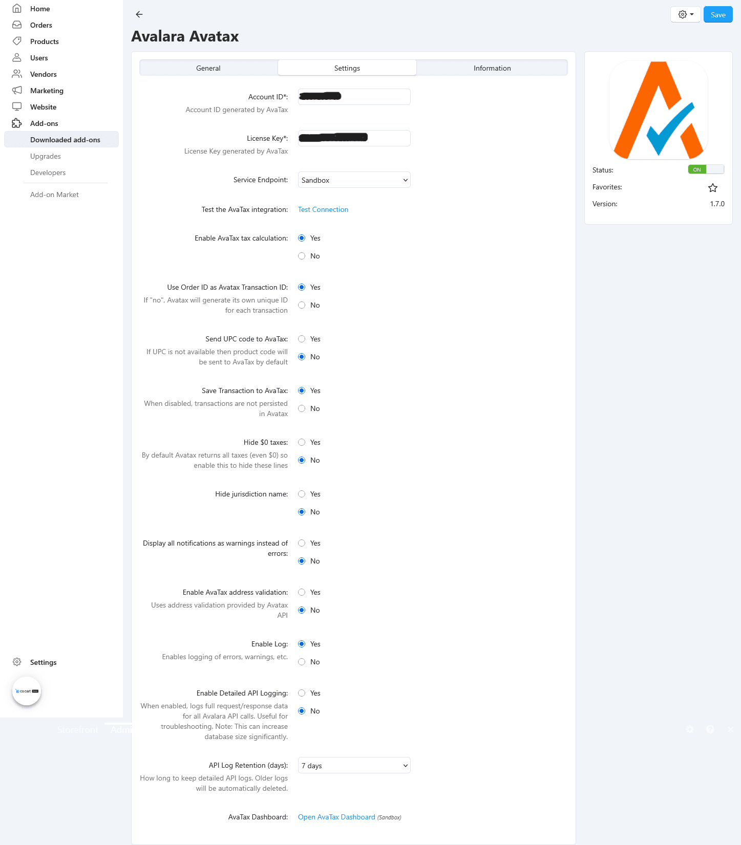 Screenshot of blank Settings for the Avalara Avatax CS-Cart addon