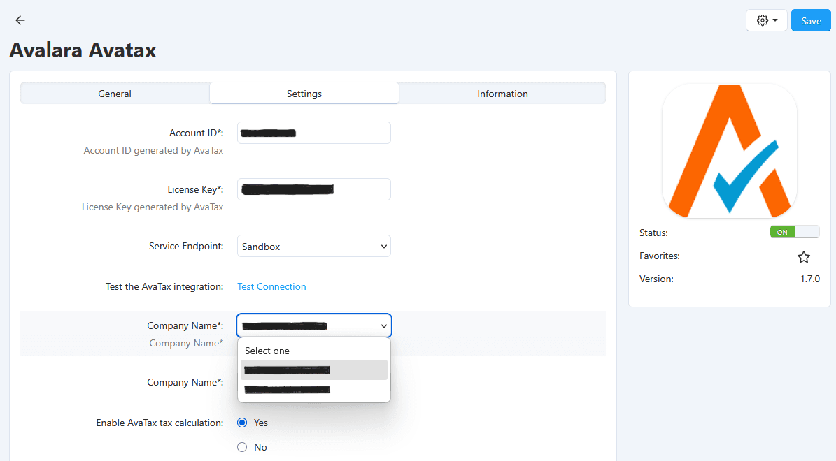 Screenshot of company selection in the Avalara Avatax CS-Cart addon