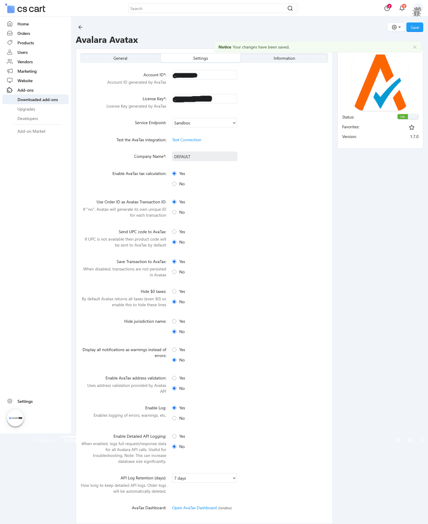 Screenshot of company saved in the Avalara Avatax CS-Cart addon