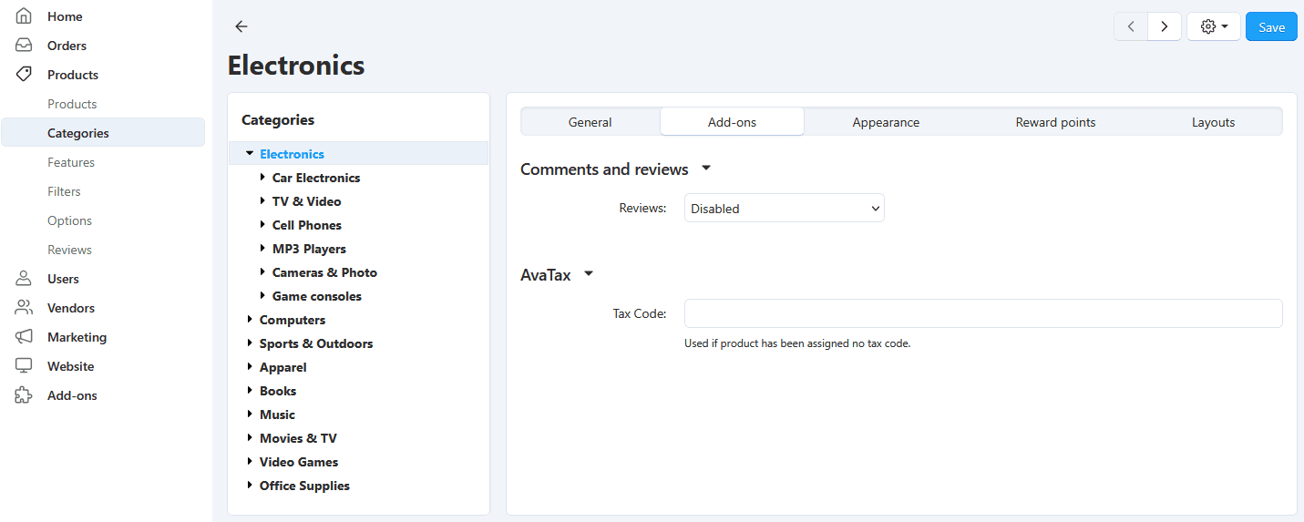 Screenshot of product tax code field in the Avalara Avatax CS-Cart addon