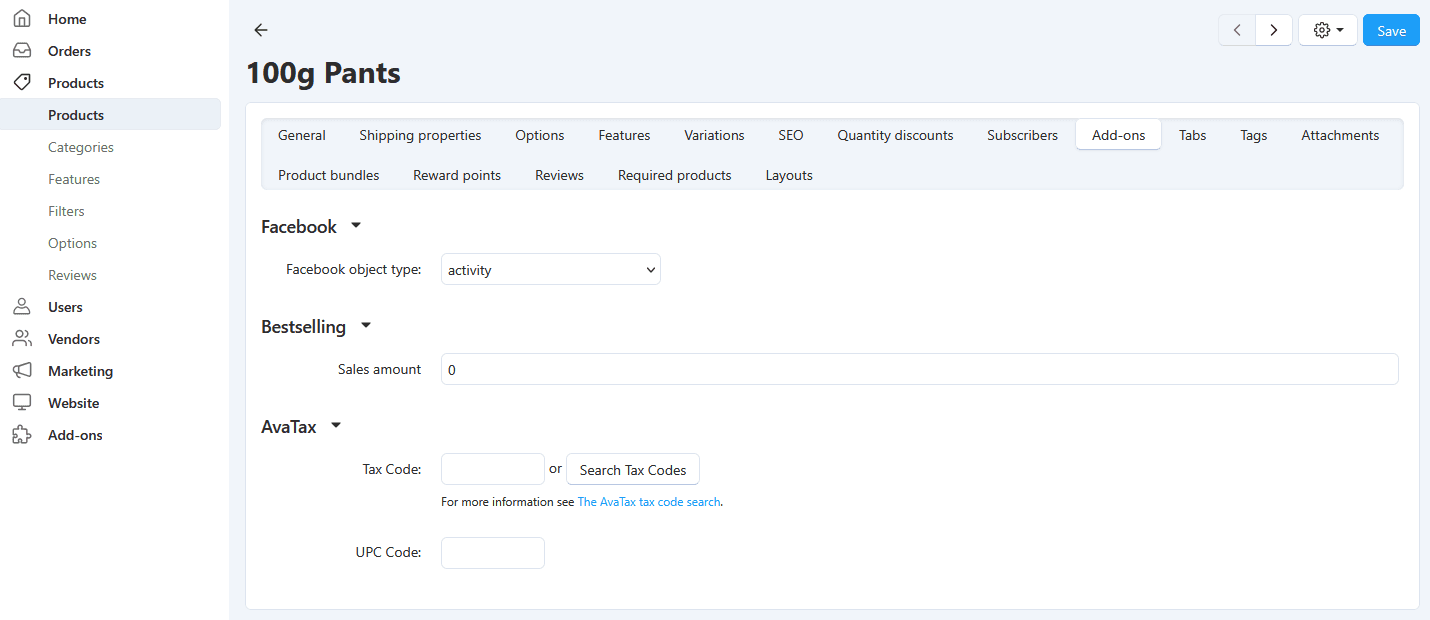 Screenshot of product tax code field in the Avalara Avatax CS-Cart addon